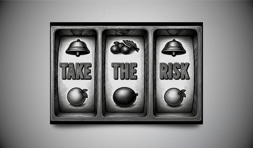 A rectangular black and white framed wall art print mounted on a gray wall. The artwork is divided into three horizontal panels with embossed-style imagery: a bell, the word 'TAKE', an apple, cherries, an olive, the word 'THE', and a bell and apple with the word 'RISK'.